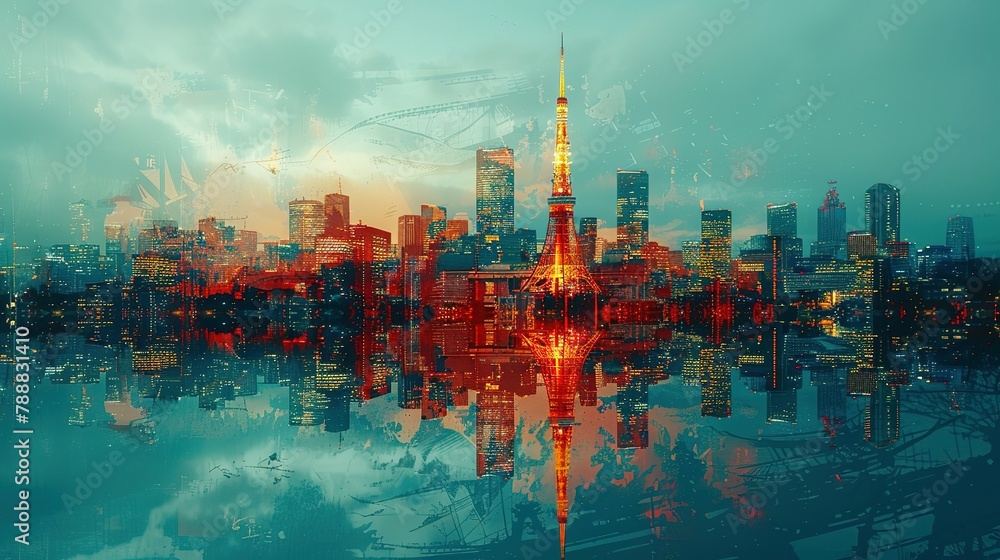 Tokyo Tower in Japan. double exposure contemporary style minimalist artwork collage illustration. Ai generative Tokyo Tower in Japan. double exposure contemporary style minimalist artwork collage illustration. Ai generative