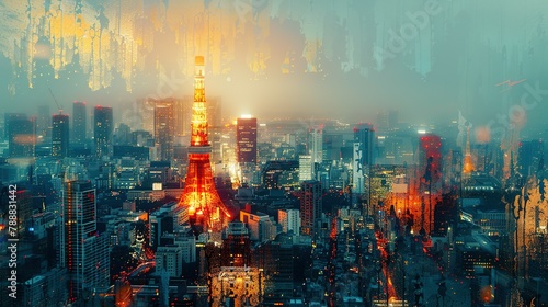 Tokyo Tower in Japan. double exposure contemporary style minimalist artwork collage illustration. Ai generative