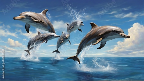 Dolphin Symphony: Underwater Scene of Joyful Family Swimming and Leaping