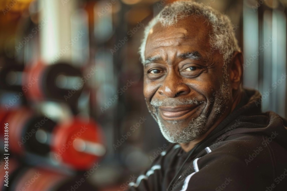 smiling senior man in athletic wear pleased expression gym setting portrait photography