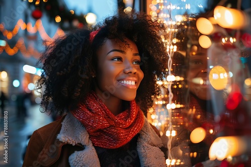 smiling afroamerican woman looking at christmas shop window holiday lights urban scene