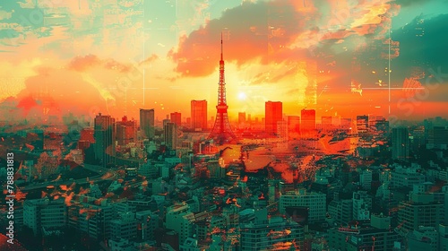 Tokyo Tower in Japan. double exposure contemporary style minimalist artwork collage illustration. Ai generative