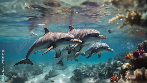 Aquatic Joy: Delightful Scene of Dolphins Swimming and Leaping Underwater © Online Jack Oliver