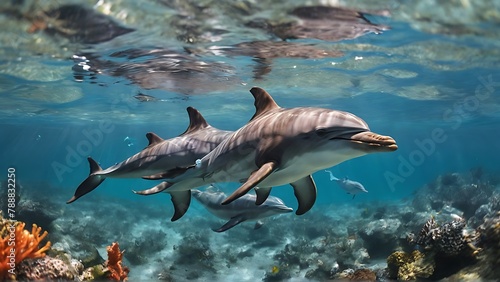 Oceanic Harmony: Family of Dolphins Frolicking Underwater with Joy © Online Jack Oliver