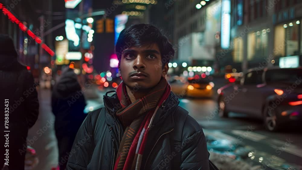Young Indian American man wearing a scarf and winter clothes standing on a busy New York city street at night Young Indian American man wearing a scarf and winter clothes standing on a busy New York city street at night