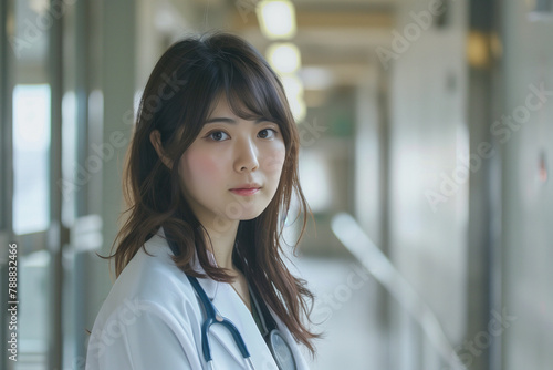 A young beautiful Japanese female doctor exudes confidence and expertise as she poses in her crisp medical attire © Vectorsection