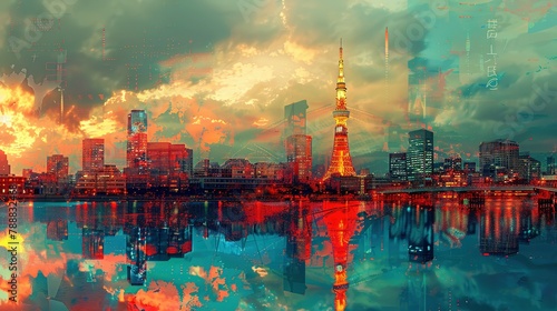 Tokyo Tower in Japan. double exposure contemporary style minimalist artwork collage illustration. Ai generative