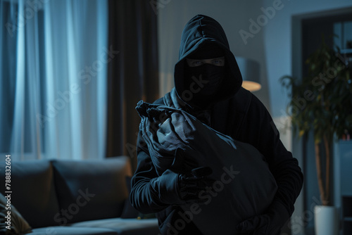 Hooded thief robbing inside a house with a black bag, emphasizing the critical role of surveillance systems in deterring intruders and safeguarding homes photo