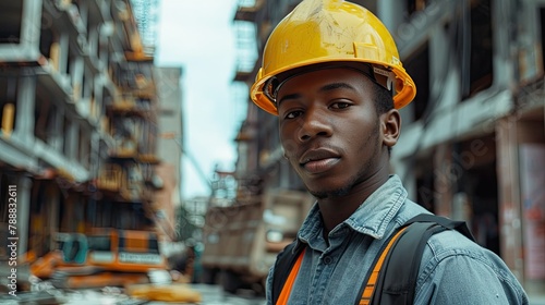 A young man in uniform works on a construction site during the day sporting a bright yellow hard hat