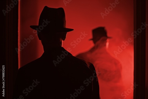 a shadowy two figures wearing a fedora hat in dark red lighting like two detectives on crime scene