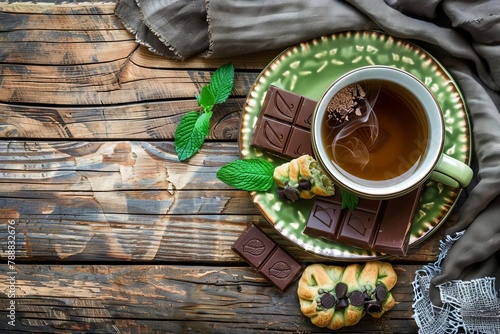 steaming green tea cup with chocolate pastry on rustic wooden table cozy tea break still life top view photo