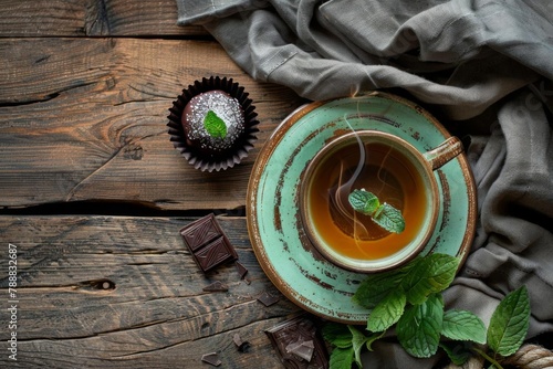 steaming green tea cup with chocolate pastry on rustic wooden table cozy tea break still life top view photo