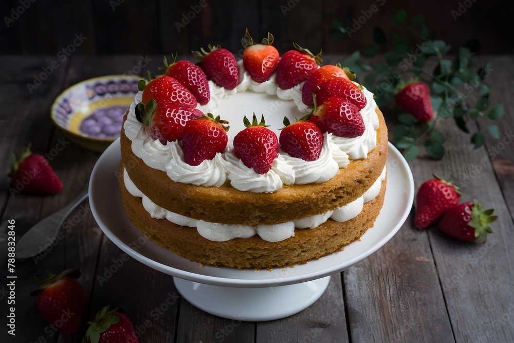 Sumptuous cake adorned with white cream and fresh strawberries