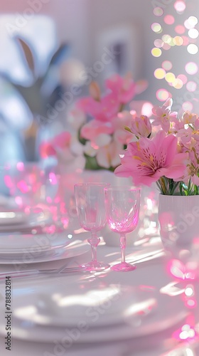 Elegant table setting with wine glass  pink florals  bokeh lights. Perfect for romantic dining events.