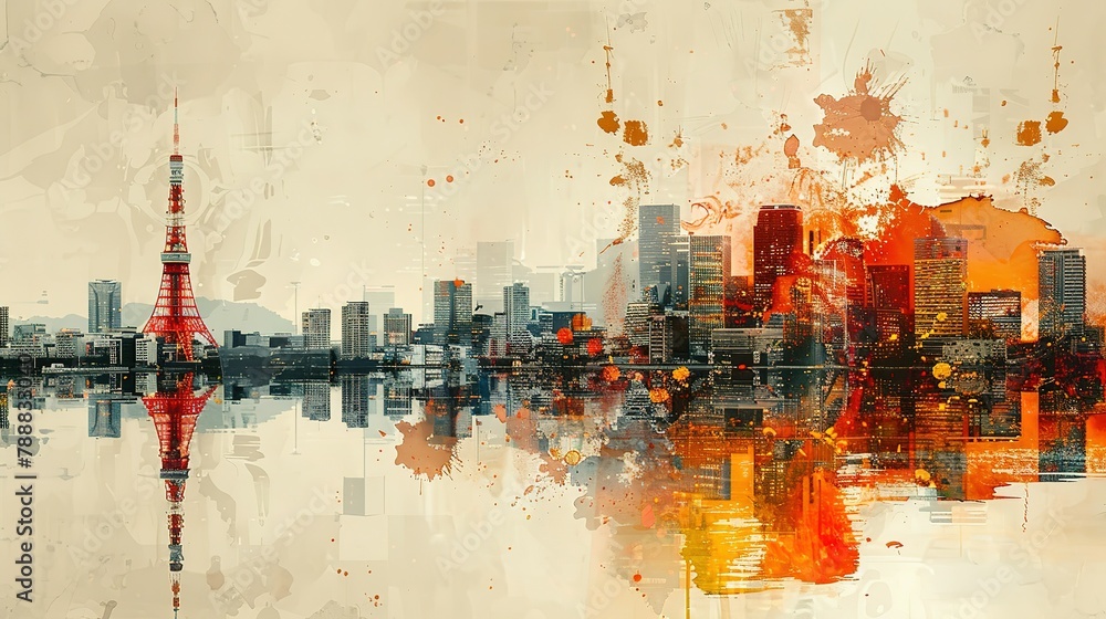 Obraz premium Tokyo Tower in Japan. double exposure contemporary style minimalist artwork collage illustration. Ai generative