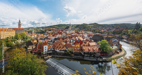 Panoramic aerial view of Cesky Krumlov with Castle, Church of Saint Vitus and Vltava River - Cesky Krumlov, Czech Republic