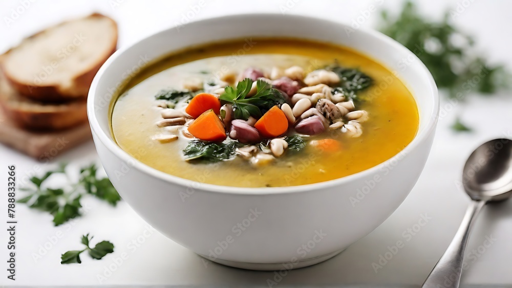 Tableside Treat: Soup Presented with Spoon on White Background Tableside Treat: Soup Presented with Spoon on White Background