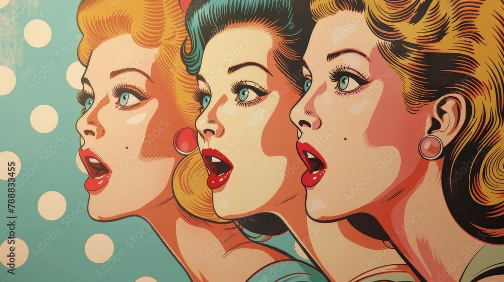 Fototapeta premium Nostalgic pop art collage: vibrant retro vibes in mesmerizing fusion of colors and patterns, evoking spirit of past with modern twist, an eclectic mix of imagery for a captivating visual experience.