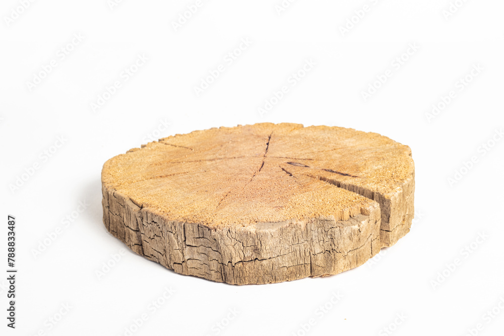 Cracked ring of a wooden log. Close-up on a white background. Cracked ring of a wooden log. Close-up on a white background.