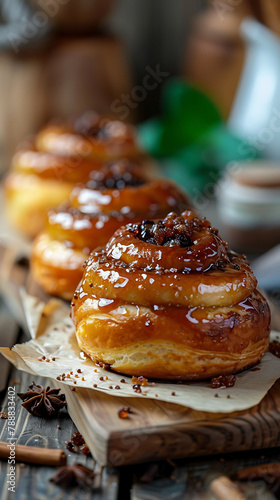 Beautiful presentation of Sticky Buns, hyperrealistic food photography