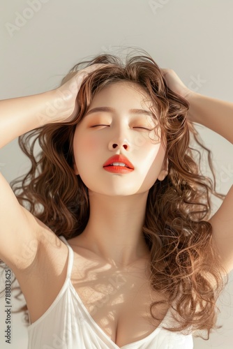 Young Asian beauty woman curly long hair with korean makeup style on face and perfect clean skin show armpits on isolated one color background. Facial treatment - generative ai