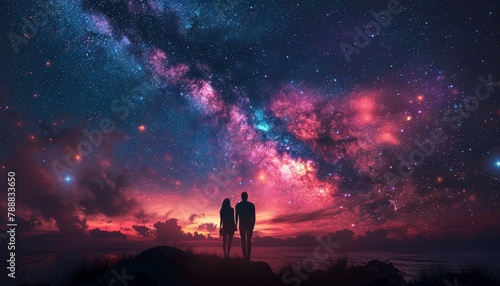 Sky with clouds and stars. Two people are holding hands. Summer romantic night with a sunset