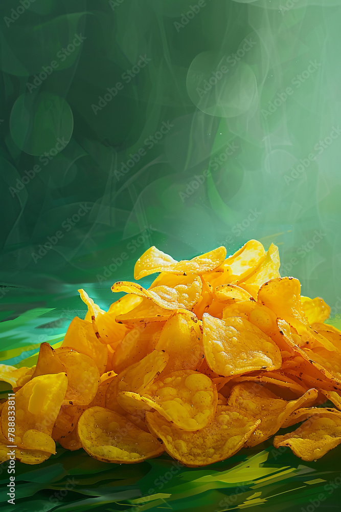A pile of yellow chips on a green background A pile of yellow chips on a green background
