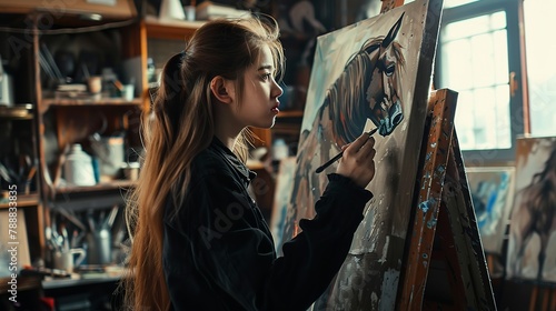 A girl wearing a black dress in an art room, her horse watching her