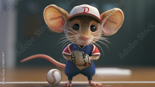 Mouse with a heroic musculine physical build wearing a baseball uniform photo