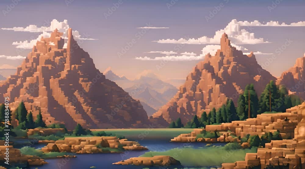Mountain and Lake landscape in the background, 16 bit pixel art style. Game Concept Footage Background