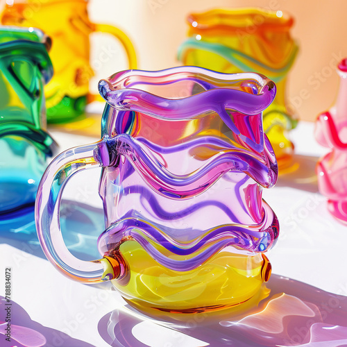 Colorful Glass Mugs in Light. Squiggle blobby design, gen z trend photo