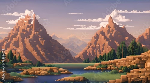 Mountain and Lake landscape in the background, 16 bit pixel art style. Game Concept Footage Background photo