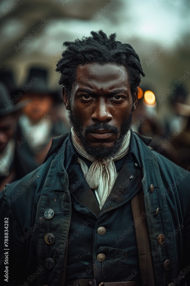 A close up portrait of a black man with dreadlocks wearing a blue coat from the 1700s A close up portrait of a black man with dreadlocks wearing a blue coat from the 1700s
