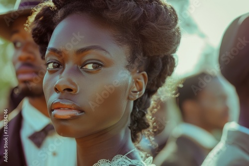 A beautiful black woman with curly hair looks off to the side.