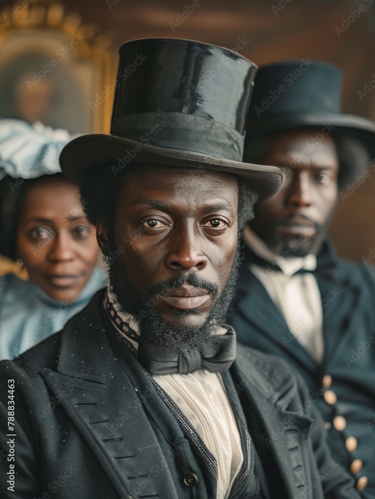 A sepia toned portrait of a 19th century African American family dressed in formal wear. A sepia toned portrait of a 19th century African American family dressed in formal wear.