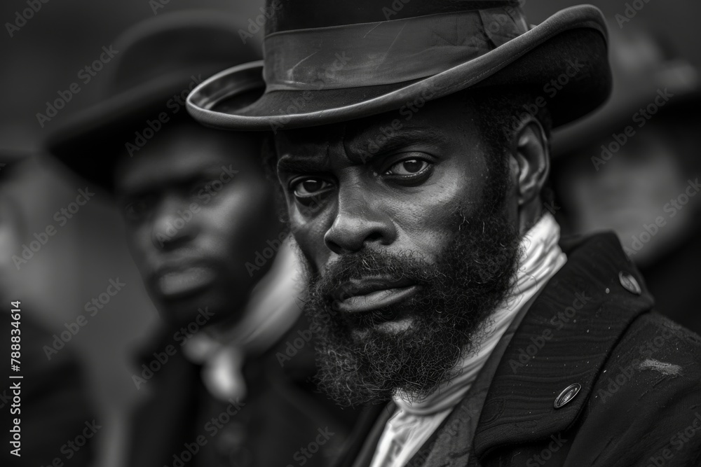 Black and white portrait of a serious looking man wearing a top hat. Black and white portrait of a serious looking man wearing a top hat.