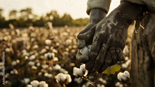 Black and white photo of a hand picking cotton.