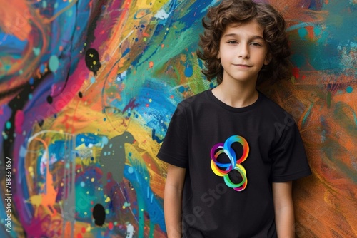 teenage boy wearing autism awareness rainbow infinity pin on tshirt digital painting
