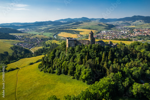Stara Lubovna Castle in Slovakia, aerial drone view at summer