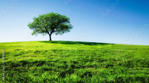 A single tree standing tall in the center of a lush green field under a clear blue sky.