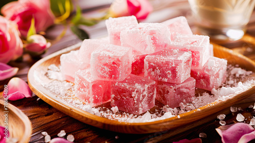 A wooden plate with rose-flavored Turkish delight, sprinkled with powdered sugar, next to rose petals and a glass goblet.