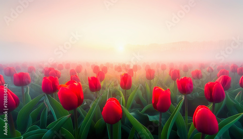 Sunrise over a field of red tulips shrouded in mist, with a soft glow illuminating the serene floral landscape.