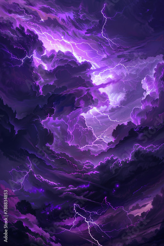 A purple sky with lightning bolts and clouds