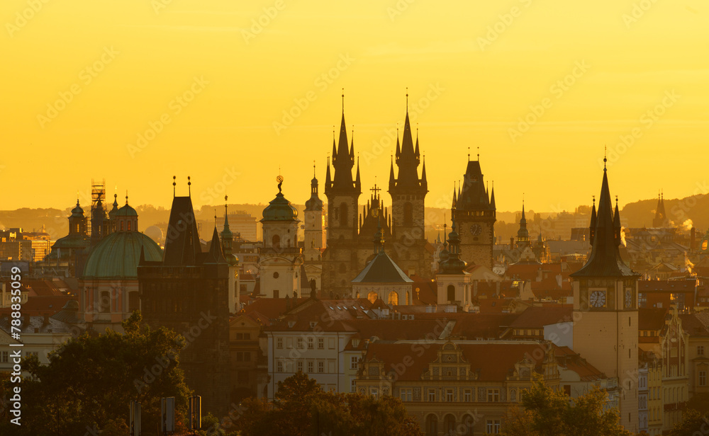 The Gothic church of Our Lady before Tyn during amazing sunrise. Prague, Czech republic