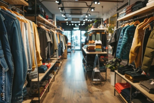 trendy clothing store interior with casual apparel on racks and shelves modern retail design photo