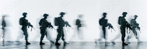 a long exposure photograph of multiple military people with weapons, motion blur photo