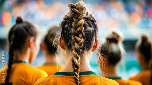 Athlete with a braided hairstyle watching a sports event, wearing a uniform with teammates in blurry background. photo