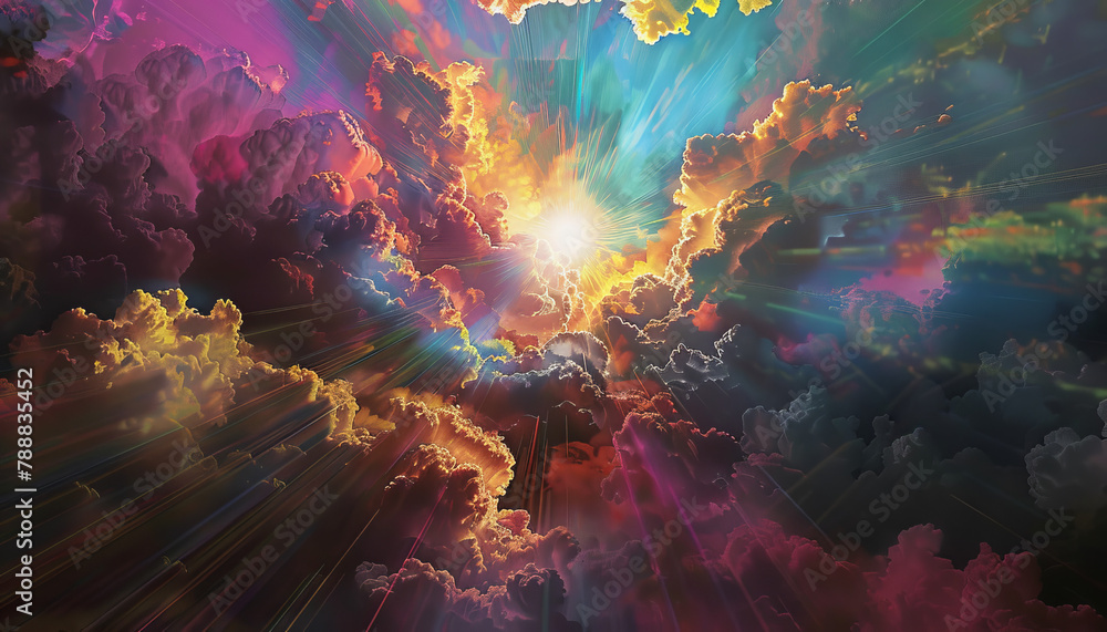 A colorful sky with a bright sun shining through the clouds A colorful sky with a bright sun shining through the clouds