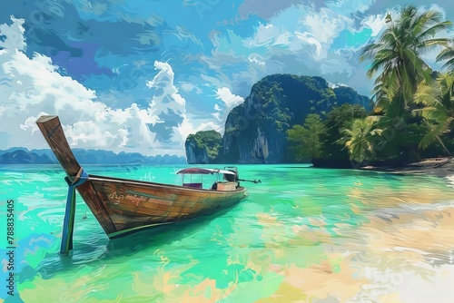 tropical island paradise boat turquoise water idyllic summer vacation seascape generative ai art