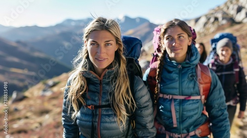 A group of women hiking in the mountains, their faces filled with determination. They are all wearing hiking gear, and the view from the top is breathtaking.